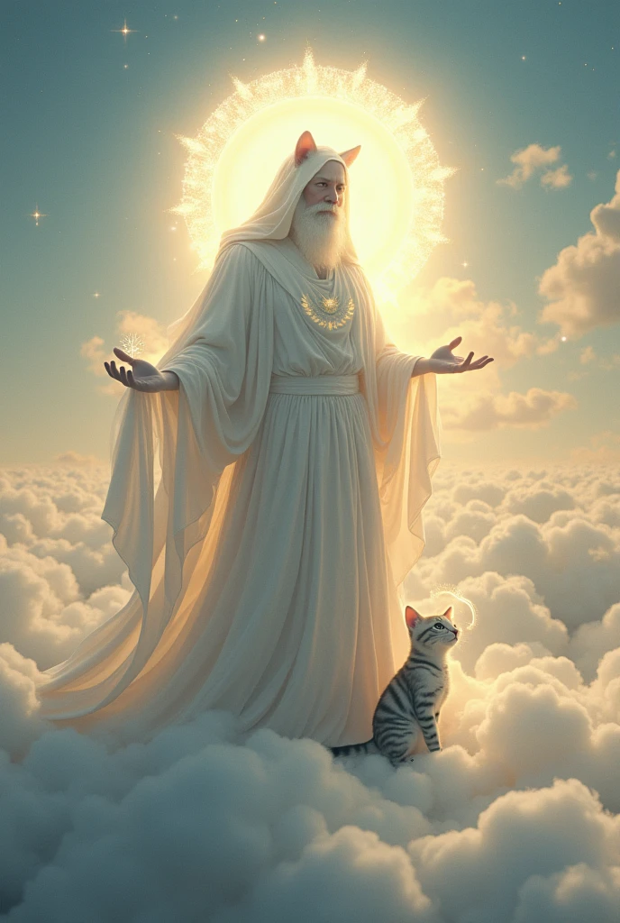 God with a striped kitten with a halo on its head, in the sky