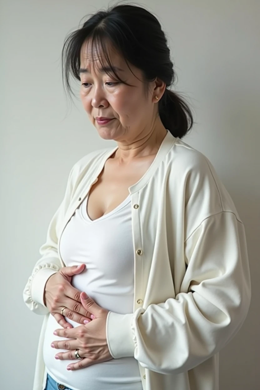 Upper body portrait of a middle-aged Japanese woman。Age around 50s。Body type is slightly overweight（BMI around 25-30）in、Abdomen has a gentle bulge。Female facing right、Slightly looking down。Expression shows anxiety and worry、Seems to be concerned about her own body shape。There are slight wrinkles between the eyebrows、Lips are slightly closed。Wearing a white jacket、Holding both hands on the stomach over the clothes。The gesture reveals self-consciousness and concern。The clothes should fit snugly against the skin、The clothes on the stomach should not be rolled up and expose the skin.。Composition is centered on the abdomen、Framed so that the entire upper body is visible。背景はシンプルin、The subject's inner conflict is emphasized。