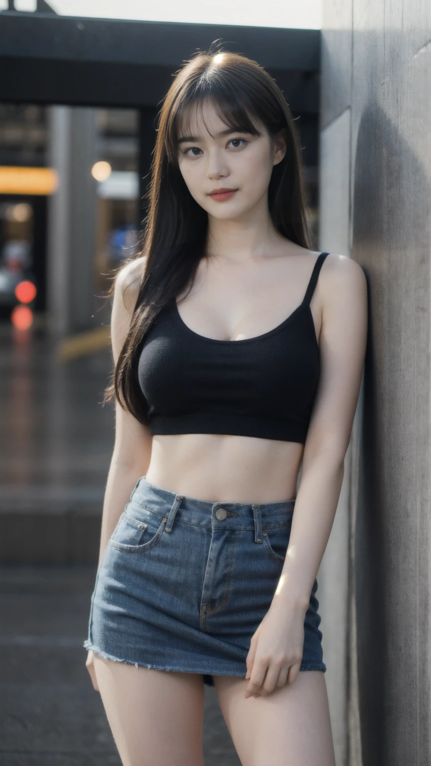 ((1girl)), woman, masterpiece, best quality, highest quality, cinematic lighting, (volumetric lighting), extremely detailed CG unity 8k wallpaper, focused, 8k wallpaper, extremely detailed, ultra realistic, photorealistic, sharp focus, absurdres, (HDR:1.2), (high contrast), photograph, detailed and intricate, instagram, portrait, highly detailed, digital painting, artstation, concept art, smooth, sharp focus, illustration, cinematic lighting, (big breast:1.3), (((skinny, slim legs))), (japanese idol posture), (micro bra, mini skirt, open shoulder, open chest, cleavage), looking at the viewer, (I don't see arms)), ((Standing)), ((Medium body shot, hip level shot)), long hair, ((leaning on a wall)), beautiful eyes.