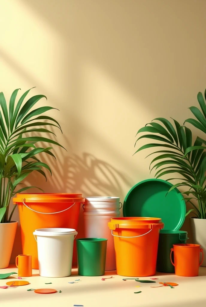 A colourful plastic items like buckets, tubs, mugs, etc representing the colour of India flag with wishes of Independence Day