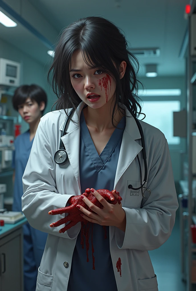 Female doctor crying with injury blood everywhere 