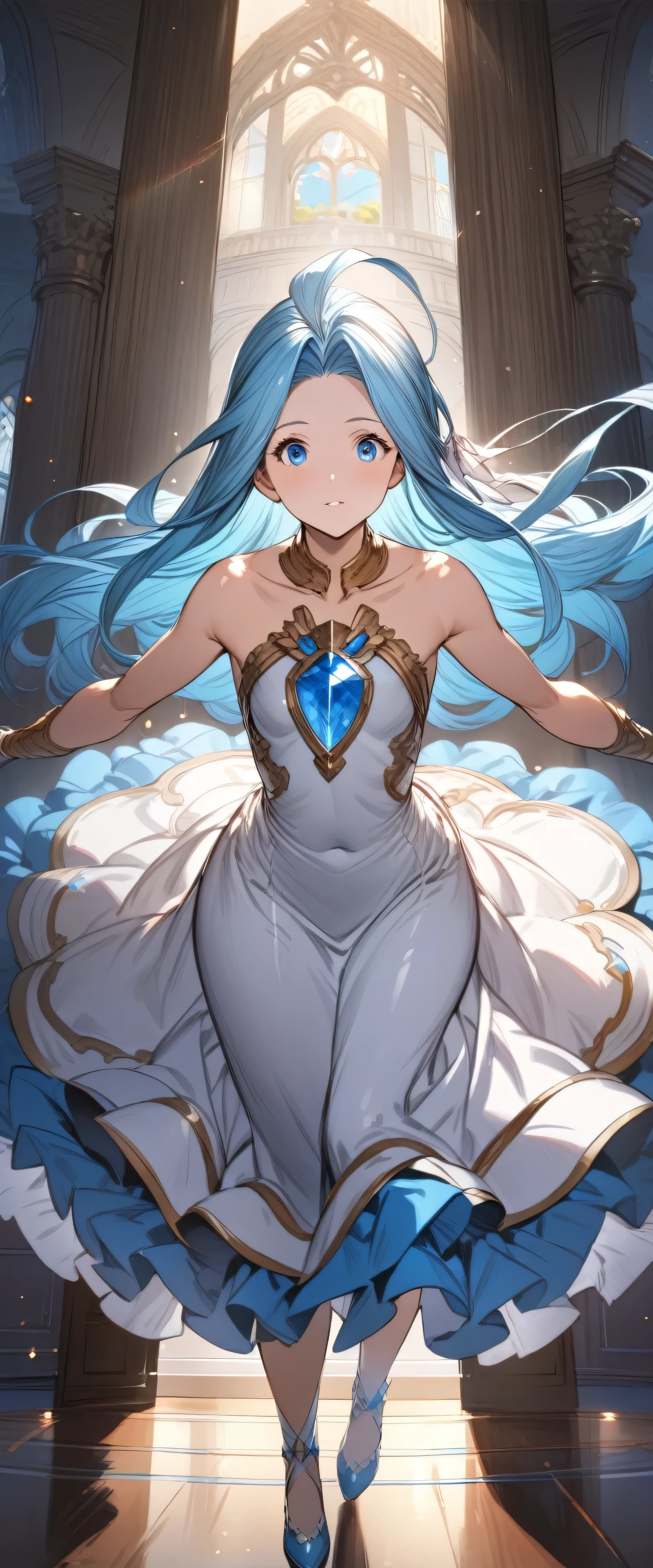 score_9, score_8_above, score_7_above, (masterpiece), best quality, expressive eyes, perfect face, 1girl, lyria, granblue fantasy, looking at the viewer, blue hair, long hair, blue eyes, slim figure, wide hips, detailed eyes, white dress, full body shot, perfect anatomy, ray tracing, UHD, ballroom, dancing