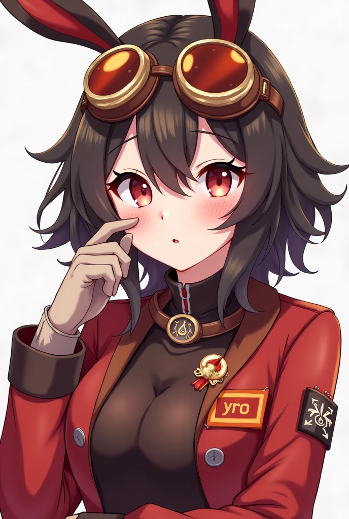https://genshin-impact.fandom.com/wiki/Amber She have a dark brown hair and wears a red bow that is shaped like a bunny ears, brown pilot goggles, two small bags with leather belts, a red and brown glove, a Pyro sigil emblazoned on the red and orange ribbon, red jacket with long sleeves, a dark brown jumper outfit, and red stock on the white boots has symbols on it. She have a lesbian pin on her jacket. She syly smiles blushing. She have long dark brown hair! Lesbian pin on jacket.