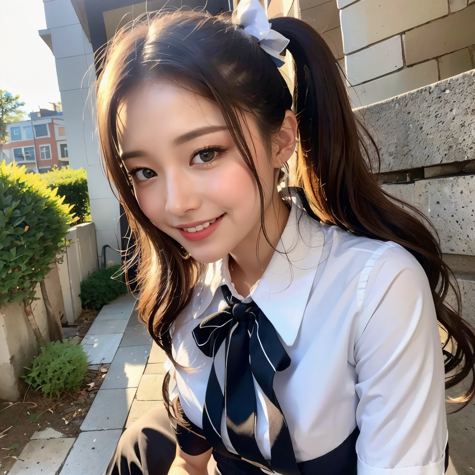 ASCIIHighest quality, Ultra-high resolution, (Realistic: 1.4), one , (Urzan-6500:1.0), K-POPアイドル, Highest quality (Twin tails: 1.1), (blonde, Shiny wavy hair, smile, , 1 , beautiful blue eyes), (cute: 1.16), (very delicate and beautiful), beautiful, colorful, (hair ornaments: 1.3), (White Uniform: 1.2), (Outdoor), (School building: 1.2), Cityscape, (light smile: 1.2), (insanely cute and beautiful ), Shadows in the movies, (Dynamic Angle), (Sharp contours),, cute, cute, ((())), (Blue pleated skirt), (Blue Ribbon), ((Shining Eyes)), Shiny Hair, Shiny Hair, Big Breasts, Upper Body