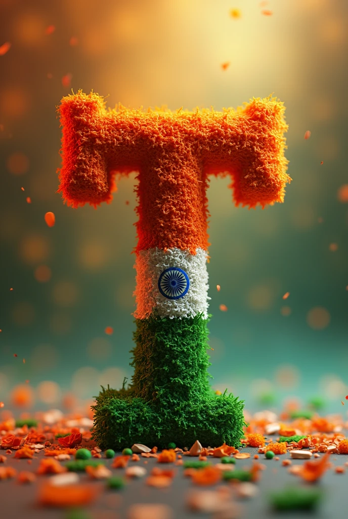 Create a realistic 3d image of alphabet "T" , made by tiranga, made by tiranga craft design,beautiful design, background is full with tiranga colour. 