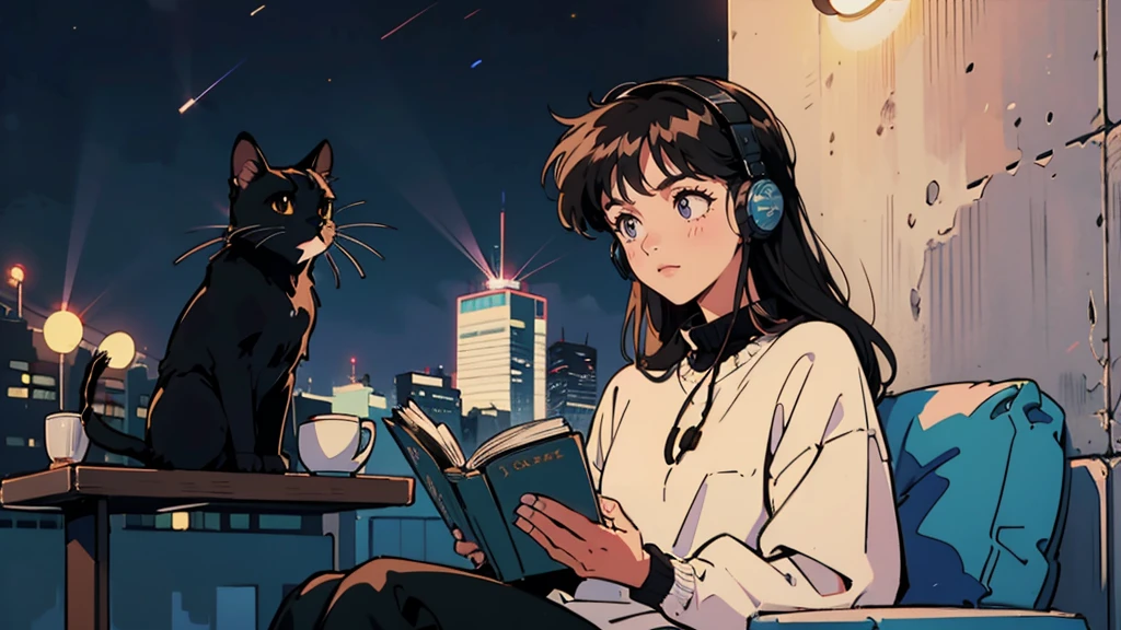best quality, 8k, 1990s style,2010s hairstyles, 21 year old girl, black hair, long hair, light brown eyes, city pop, pants ,night view, wearing headphones,reading a book, whole body, relax coffee,table,confection,Looking at note, Black cat