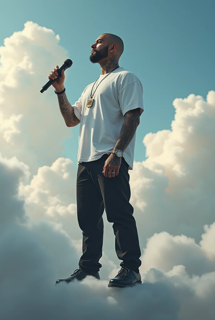 Man dressed as a cholo with a microphone in his hand on top of a grey cloud