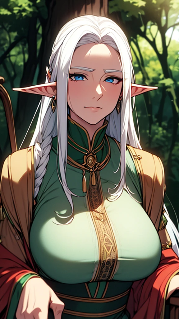 elf women, mature women, old women, beautiful, long hair, white hair, tied hair, thin clothes, underwear, big breasts, sitting in the forest,elf ears, hands, upper body, 8k, earrings, looks like an old woman, looks like a woman who already has children, hands, sexy,