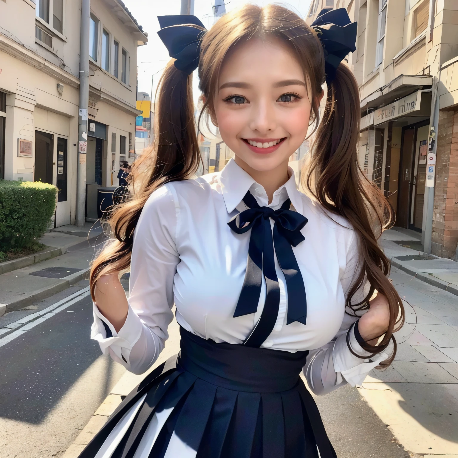 ASCIIHighest quality, Ultra-high resolution, (Realistic: 1.4), one , (Urzan-6500:1.0), K-POPアイドル, Highest quality (Twin tails: 1.1), (blonde, Shiny wavy hair, smile, , 1 , beautiful blue eyes), (cute: 1.16), (very delicate and beautiful), beautiful, colorful, (hair ornaments: 1.3), (White Uniform: 1.2), (Outdoor), (School building: 1.2), Cityscape, (light smile: 1.2), (insanely cute and beautiful ), Shadows in the movies, (Dynamic Angle), (Sharp contours),, cute, cute, ((())), (Blue pleated skirt), (Blue Ribbon), ((Shining Eyes)), Shiny Hair, Shiny Hair, Big Breasts, Upper Body
