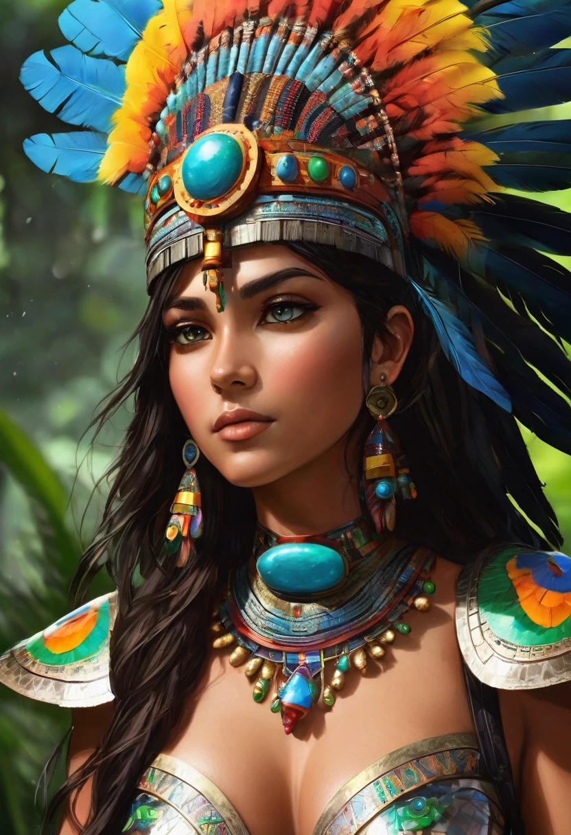 ((best quality)), ((masterpiece)), (detailed), perfect face 1 young girl, Aztec warrior goddess, beautiful, perfect, Aztec warrior goddess, cara perfect, perfect body, medidas perfects, perfect breasts, perfect waist and thighs, she wears her armor, (gilded with obsidian and jade), precious stone inlays, (armor worthy of a goddess), she is (surrounded by a divine aura), (build), She carries a hermoso_big (majestic headdress), of feathers of colorful feathers, (very intricate design), ( build), (Exotic feathers), She carries a (obsidian macuahuitl), the weapon of a god, 