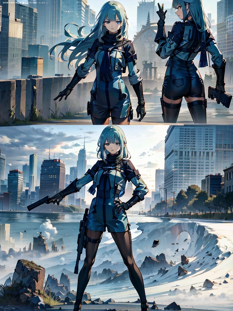 Empty City, A town above the clouds, Sky City,Black Eye,with long green hair,Green combat suit, Attention, Holding_gun, assault_rifle, Very detailed, Anime Style, whole body, alone, Stylish Gunfighter Girl, スチームパンクの長gun身ピストルを持っている,