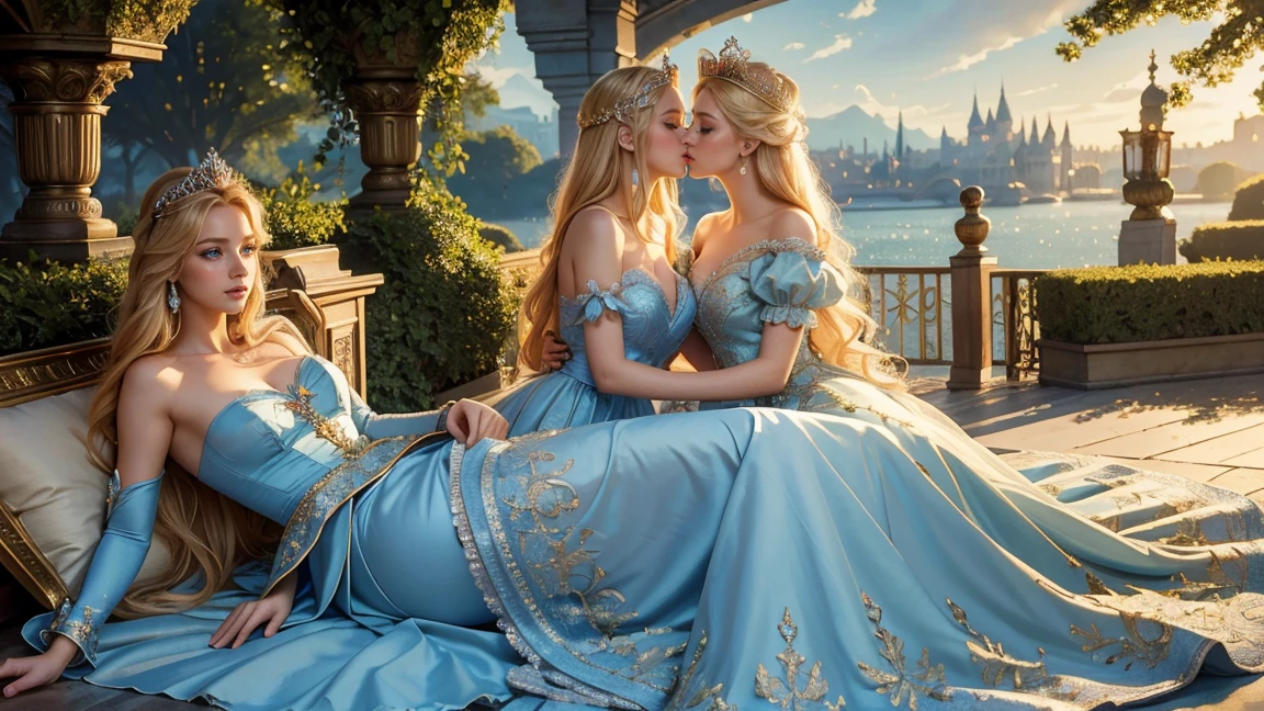 (masterpiece, best quality:1.5), highest quality, High resolution, Super detailed, realistic, Full body shot of blonde princess, detailed and beautiful eyes, beautiful detailed lips, highly detailed eyes and face, long eyelashes, princess in blue royal gown, Gorgeous and colorful makeup, Elegant and classy々pose,shining crown and jewels, Royal gardens as background, soft natural light, Bright colors, fine brush strokes, portrait style, Exquisite details in the dress material, gorgeous color palette, glowing skin, Top-notch rendering that captures every detail, enchanting atmosphere, subtle shadows and highlights, (perfect anatomy:1.2), (two stunning princesses is deeply in love with each other:1.4), (kiss:1.2), (magnificent panorama view:1.2)