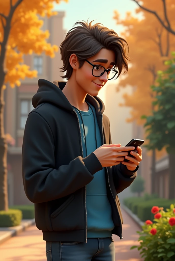 a male animated movie character in the Disney Pixar style, high qualiy, best quality , black fleece sweater blue shirt , Wear nerd glasses,  , long  hair , Happy young man  ,  is walking in a beautiful garden in the city, fully body, people in the scene , A nerdy boy , fiddling with his smartphone, seen in profile 