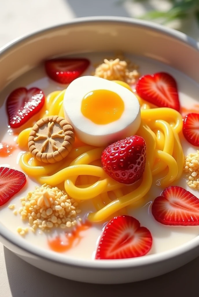 (photorealism:1.2), bowl of mango gelatin noodles, served in a coconut milk broth with strawberry syrup. Toppings may include strawberry slices, narutomaki cookies, a marshmallow "egg", and a decoration with coc flakes