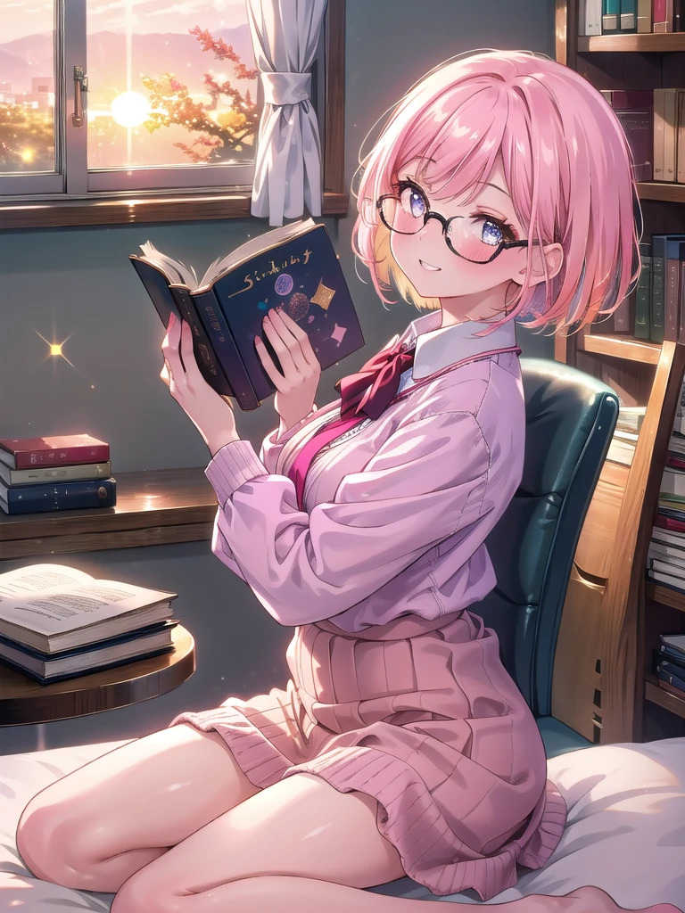 ((8k, Highest quality, masterpiece: 1.3)),Ultra-high resolution,(1 girl, alone), (Color changing eyes, Ultra-detailed, Expressive brilliance, Glitter, Glowing Eyes), Highly detailed eyes, Highly detailed face, Random Hair, ((pastel colour)),A lively young woman with pastel pink hair styled into a neat bob, sitting cross-legged on her bed in her softly lit bedroom during a golden hour evening. She is dressed in a modest yet subtly sexy librarian cosplay, wearing a pencil skirt, a fitted blouse, and stylish glasses. The camera captures her from a side angle as she grins while holding a book, her expression full of warmth and contentment. The room is warmly lit by the setting sun, with books neatly arranged on a nearby shelf, a cozy reading nook, and an inviting, intellectual atmosphere, (nsfw:1.3)