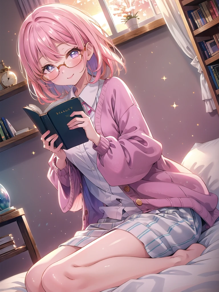 ((8k, Highest quality, masterpiece: 1.3)),Ultra-high resolution,(1 girl, alone), (Color changing eyes, Ultra-detailed, Expressive brilliance, Glitter, Glowing Eyes), Highly detailed eyes, Highly detailed face, Random Hair, ((pastel colour)),A lively young woman with pastel pink hair styled into a neat bob, sitting cross-legged on her bed in her softly lit bedroom during a golden hour evening. She is dressed in a modest yet subtly sexy librarian cosplay, wearing a pencil skirt, a fitted blouse, and stylish glasses. The camera captures her from a side angle as she grins while holding a book, her expression full of warmth and contentment. The room is warmly lit by the setting sun, with books neatly arranged on a nearby shelf, a cozy reading nook, and an inviting, intellectual atmosphere, (nsfw:1.3)