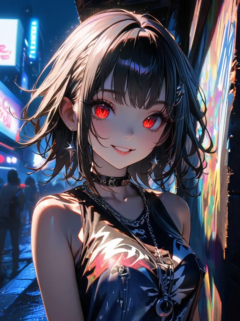 1 person, chromatic aberration, Written boundary depth, Soft Light, masterpiece, Highest quality, complicated, Tone Mapping, A place where fireworks are set off at festivals. Concept Art, Smooth, Clear focus, Dramatic lighting, Very cinematic, super practical painting, アートステーション's trending, 8k, Incredible Shadows, practical, whole body, View, Viewers, Portrait of a Girl 1, standing on street corner, Heavy rain and lightning、Dark Sky, neon and cyber punk background, she is dressed in punk clothing with silver chains and silver spikes, Her hair was dyed a bright black color..........Ominous aura of light, smile, punk, ciber punk, Backlight.Fashionable clothes、Friendly dress code:Stylish blue sleeveless denim style.My breasts are a little big.Beautiful red eyes