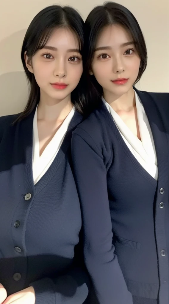 Japan girl, girl in her twenties, just good breasts, perfect breasts, perfect skin, perfect, dark hair, brown eyes, office lady, navy jacket, navy pants style, unbuttoned white shirt, bed, lying down,attractive upper body, looking from above
((Identical twins,
similar identical twins
All the girls have the exact same face, The two have the same face and figure, as if they were mirror images))