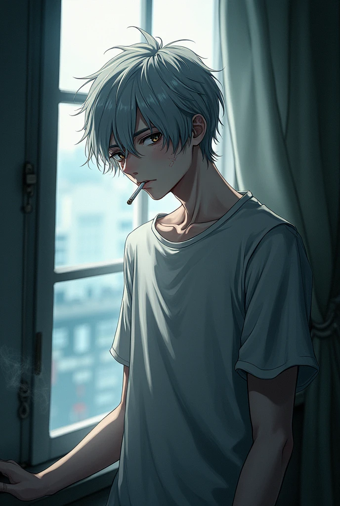 anime digital, a guy standing near a window smoking a cigarette with white skin and medium-short gray hair, a bitter expression with small eyebrows, A singer from the band Tokio Hotel wearing a shirt, looking tired with honey-colored eyes, with small wounds on his face, anime
