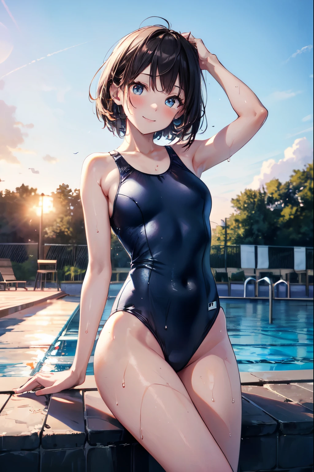 very cute and beautiful girl,(highly detailed beautiful face and eyes),(blue school swimsuit),sweat,wet,
beautiful legs,model posing,(pool side),summer,countryside,grassland,
(seductive smile),blush,looking at viewer,black hair,cowboy shot,
(best quality,masterpiece),absurdres,highres,ultra-detailed,extremely detailed,32k,
cinematic scene,detailed background,solo,dynamic angle,
hair fluttering in the wind,beautiful detailed sky,