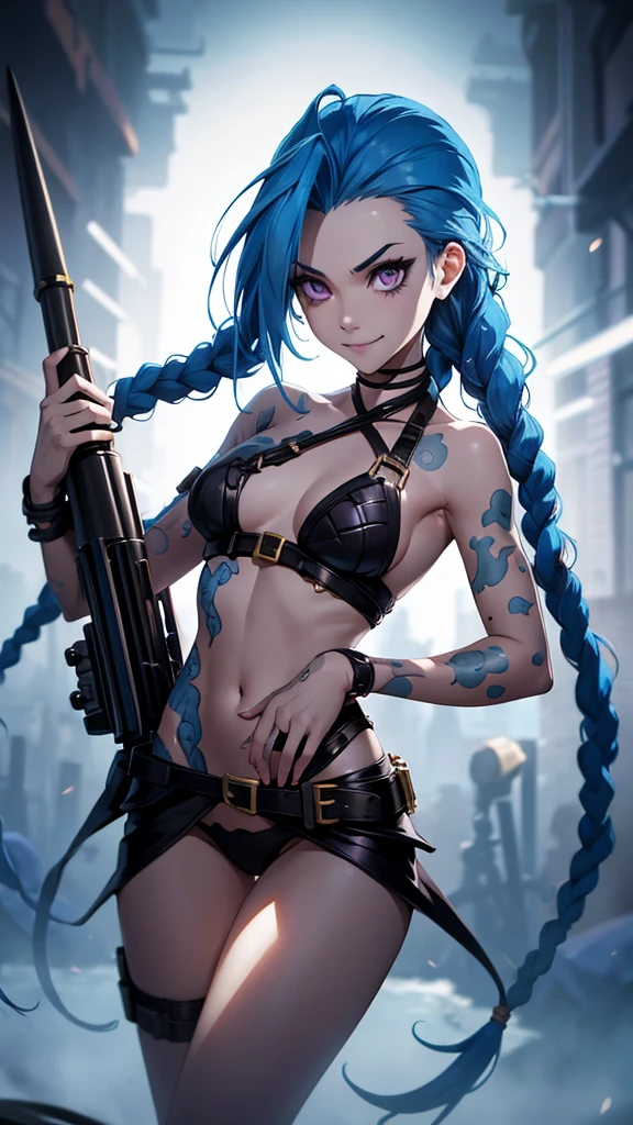 jinx, arcane, jinx personaje de League of Legends, long neon blue hair in braids, Perfect small breasts, scantily clad, underwear, Sex Woman, perfect hands, double hair braids, Braided hair, Minipistola, Juxtaposition of light& shadow, moody, intense, feroz, cinematic lighting, rake light, Long luminous shadows, high quality, smiling while holding a shark-shaped rocket launcher, anime style face, perfect body.