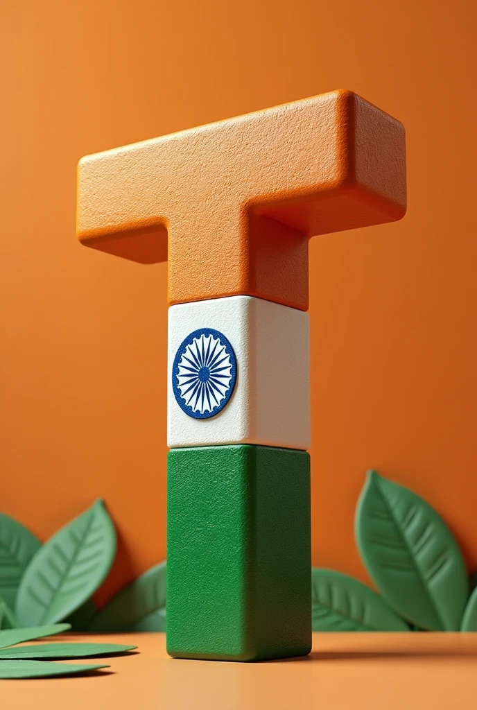 Create a realistic 3d image of alphabet "T" , made by tiranga, made by tiranga craft design,beautiful design, background is full with tiranga colour.