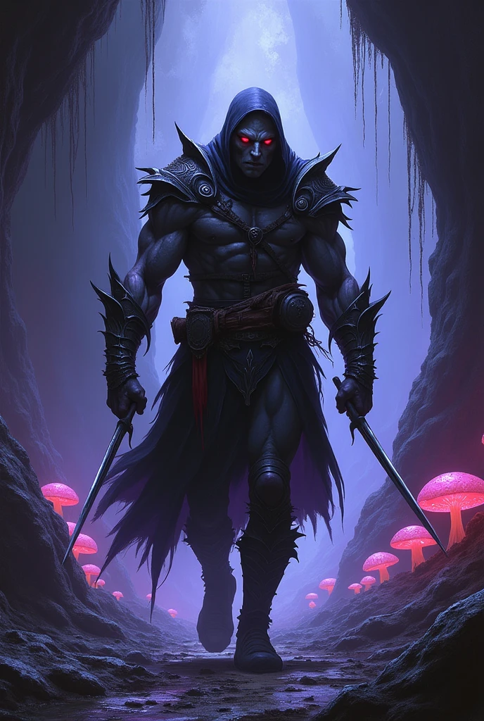 Drow, lolth sworn drow, Male, Masculine, lip Gallagher, muscular, rugged body, cropped short hair, Grey black skin, red glowing eyes, thick body, male bulge, action shot, Ranger, drow ranger, gloomstalker Ranger, fighter, dual wielding, drow armor, spider silk armor, stalking, hunting, Dungeons & Dragons, dnd 5e, Underdark, subterranean cavern, Menzoberranzan, ethereal, eerie, glow, glowing mushrooms, spider webs, wet, soft purple, film grain, 70s camera quality, landscape, city scape,