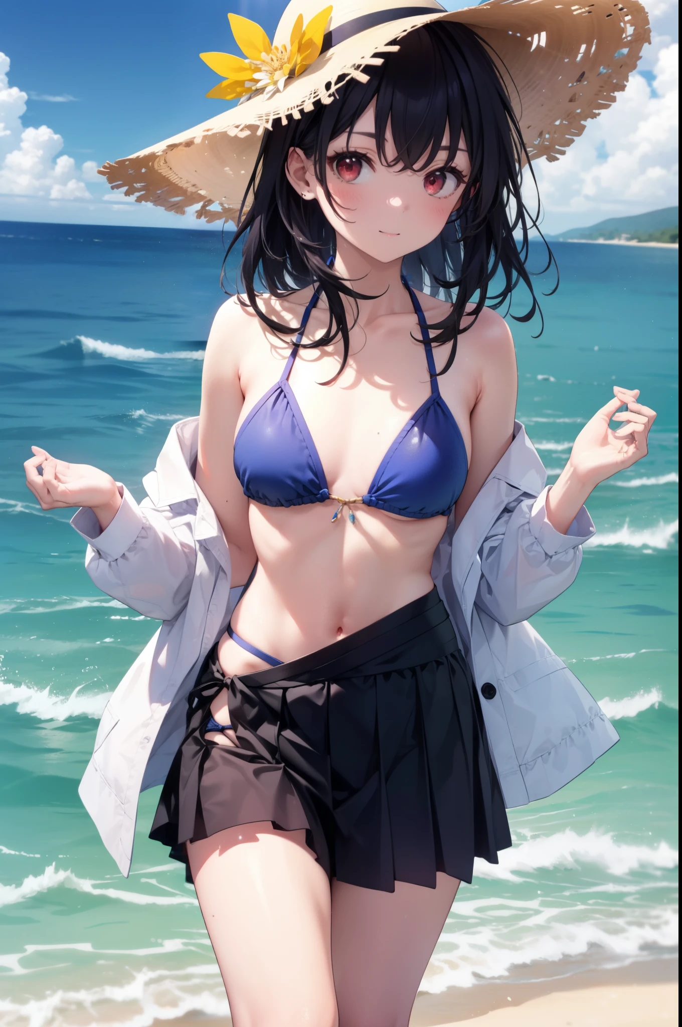 For profit, Next to Kasumigaoka, Black Hair, Long Hair, (Red eyes:1.5),
smile,blush,Open your mouth,Straw hat,Black string bikini swimsuit,Belly button,abdomen,A thin long skirt is wrapped around her waist,barefoot,Sandy Beachを散歩している,Daytime,True Summer,Clear skies,whole bodyがイラストに入るように,
break looking at viewer,whole body, (Cowboy Shot:1. 5),
break outdoors, Sandy Beach,Beach,
break (masterpiece:1.2), Highest quality, High resolution, unity 8k wallpaper, (figure:0.8), (Beautiful attention to detail:1.6), Highly detailed face, Perfect lighting, Highly detailed CG, (Perfect hands, Perfect Anatomy),