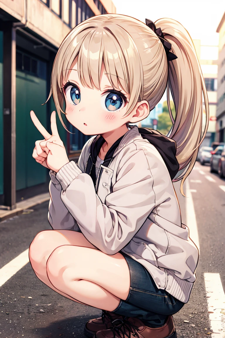 Beautiful illustration, best quality, cute girl, ((In an urban alley)), pastel color, natural tones, ((Modern ponytail)), ((Crouching)), ((Looking at viewer)), ((Slim body)), ((Urban outfit)), ((Sports jacket)), ((Black hotpants)), (Blush), bright lighting, ((Big eyes)), ((Groan)), ((V-sign)), ((Perfect hands))