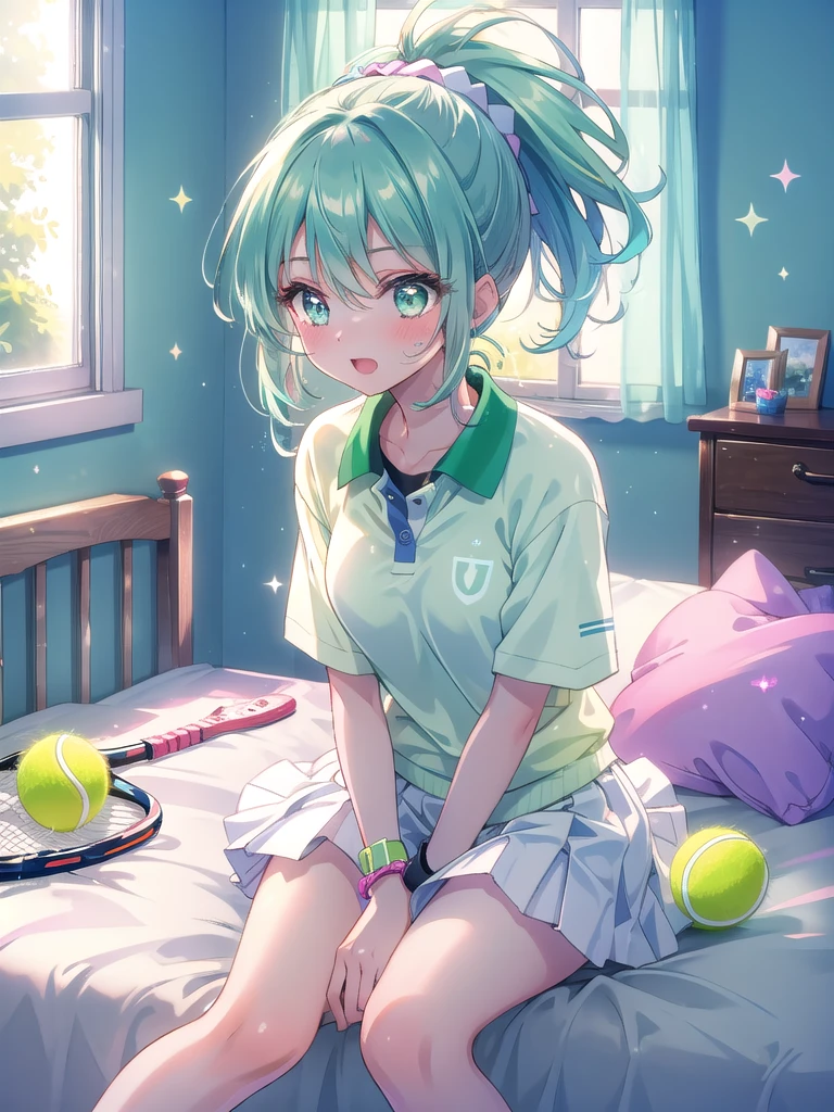 ((8k, Highest quality, masterpiece: 1.3)),Ultra-high resolution,(1 girl, alone), (Color changing eyes, Ultra-detailed, Expressive brilliance, Glitter, Glowing Eyes), Highly detailed eyes, Highly detailed face, Random Hair, ((pastel colour)),A cheerful young woman with pastel mint-green hair styled into a high ponytail, sitting on the edge of her bed in her sunlit bedroom during a bright afternoon. She is dressed in a cute yet subtly sexy tennis player cosplay, wearing a pleated white skirt, a fitted polo shirt, and a sweatband on her wrist. The camera captures her from a frontal angle as she playfully swings a tennis racket, her expression full of energy and joy. The room is filled with warm sunlight, with a tennis bag resting beside the bed, a few scattered tennis balls, and a vibrant, sporty atmosphere, (nsfw:1.3)
