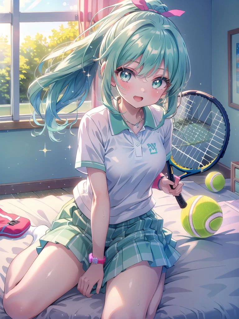 ((8k, Highest quality, masterpiece: 1.3)),Ultra-high resolution,(1 girl, alone), (Color changing eyes, Ultra-detailed, Expressive brilliance, Glitter, Glowing Eyes), Highly detailed eyes, Highly detailed face, Random Hair, ((pastel colour)),A cheerful young woman with pastel mint-green hair styled into a high ponytail, sitting on the edge of her bed in her sunlit bedroom during a bright afternoon. She is dressed in a cute yet subtly sexy tennis player cosplay, wearing a pleated white skirt, a fitted polo shirt, and a sweatband on her wrist. The camera captures her from a frontal angle as she playfully swings a tennis racket, her expression full of energy and joy. The room is filled with warm sunlight, with a tennis bag resting beside the bed, a few scattered tennis balls, and a vibrant, sporty atmosphere, (nsfw:1.3)

