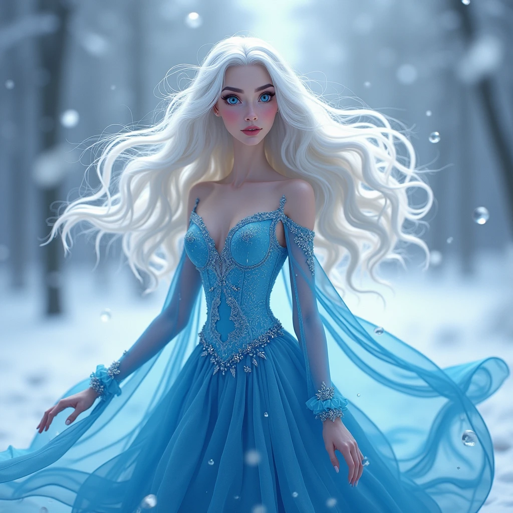  Disney Snow queen with snow on her surface her white hair is fluttering in air she is wearing a blue sexy dress she is enjoying the snow her blue eyes is full of surprises that's hidden on her heart.