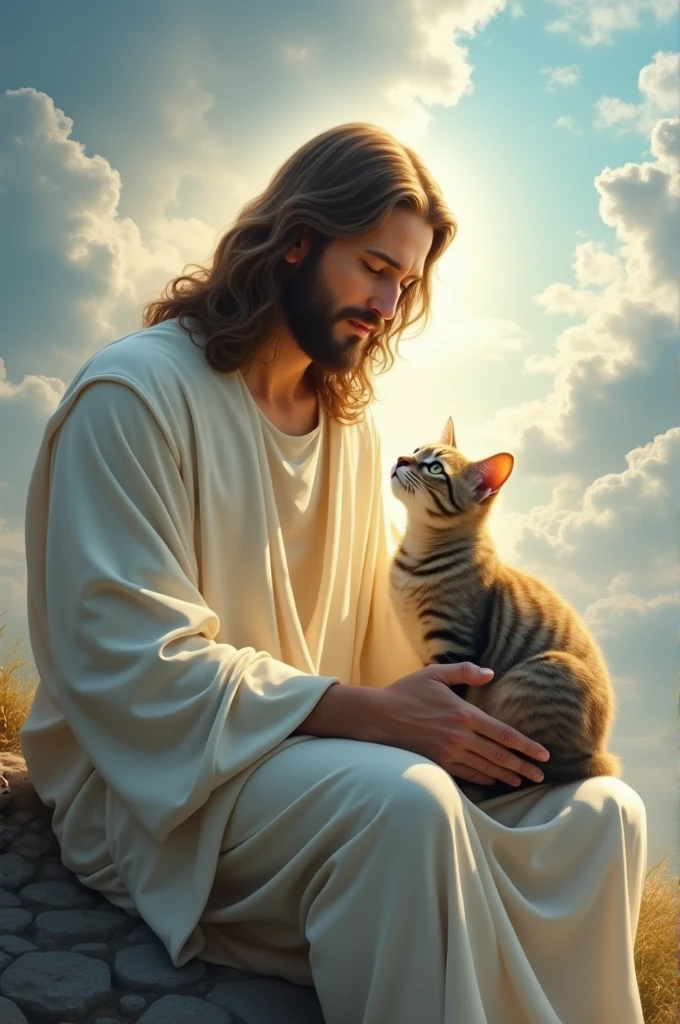 Jesus Christ and a tabby cat in heaven
