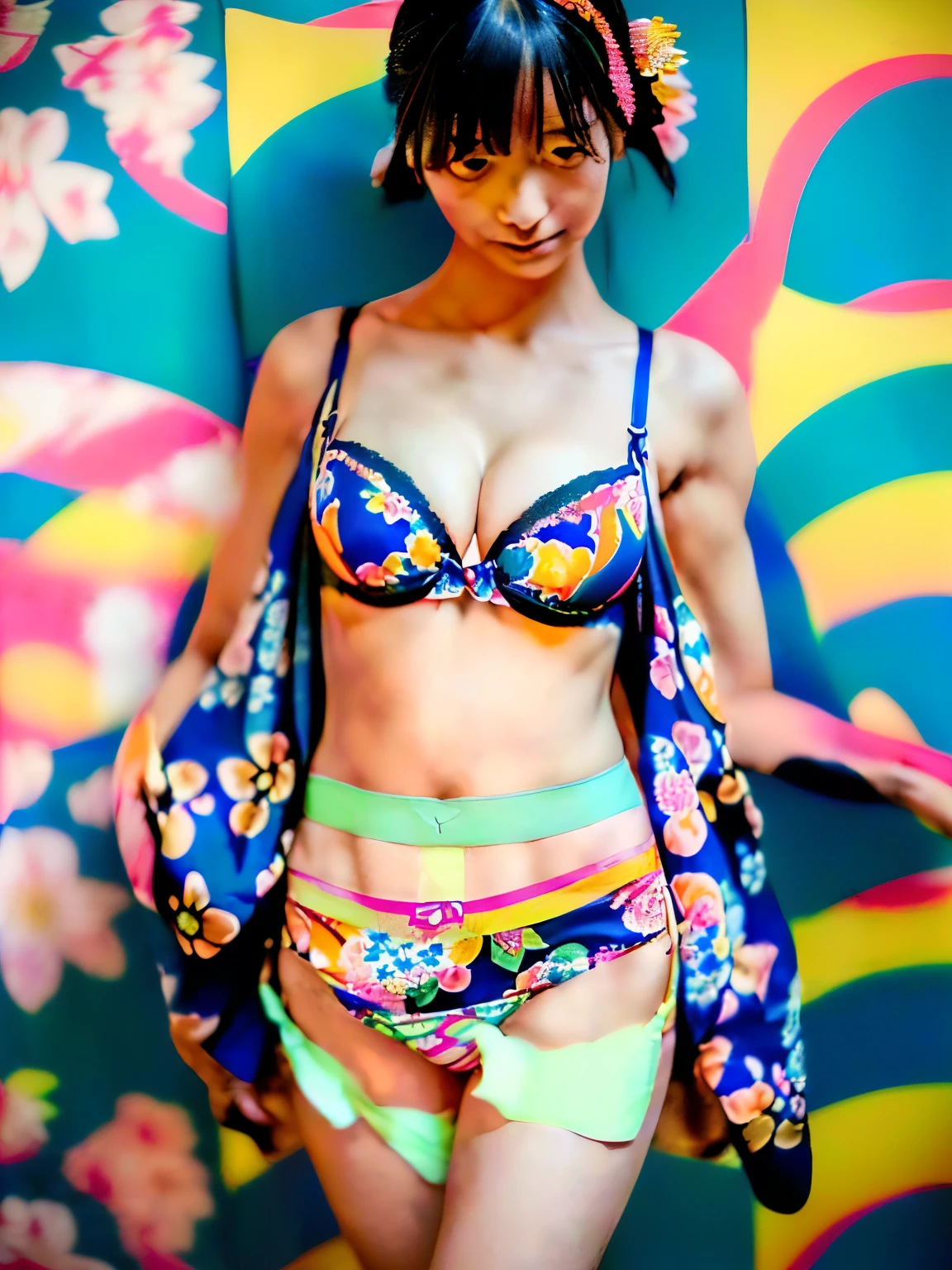 (kimono、yukata)、(((Colorful floral pattern(丈が短いkimono)))、(((kimonoめくり(kimonoの裾を上げる)))、(((Beautiful thighs(y pane in sight)))、Cleavage、Huality、masterpiece