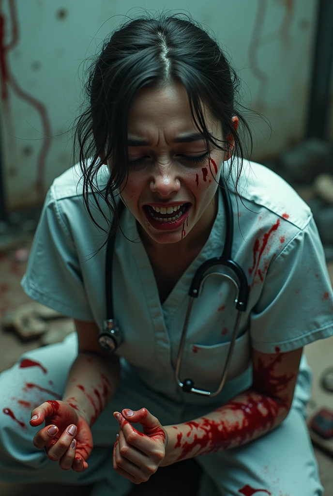 Female doctor crying with injury blood everywhere brutality