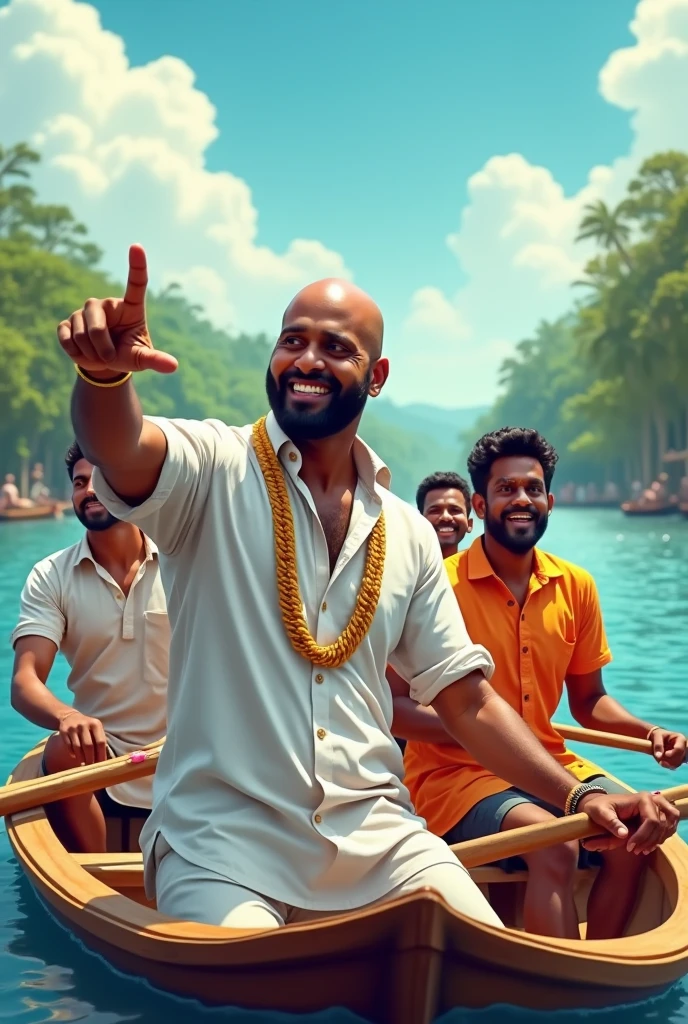 A dynamic scene of five men participating in a Kerala boat race. The main character is standing at the front of a long, traditional wooden boat. He has no facial hair (no beard or mustache), is bald, not muscular, and exudes happiness and energy. He is wearing a white shirt with a golden chain, and he is pointing his finger forward with a confident, joyful expression. The other four men are seated behind him, all wearing t-shirts, rowing with enthusiasm. The boat is long, reflecting the traditional style of Kerala boat races. The scene captures the essence of teamwork, excitement, and the beauty of the water under a bright sky.