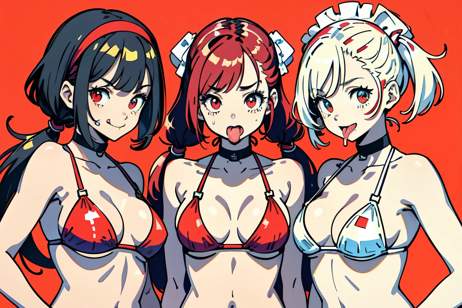 best quality, masterpiece, 3 girls, random poses, (tongue out:1.2), (drooling:1.3), (low twintails hair with bangs:1.3), fluorescent red and white colored bikini, (medium breast:1.2), solid red background