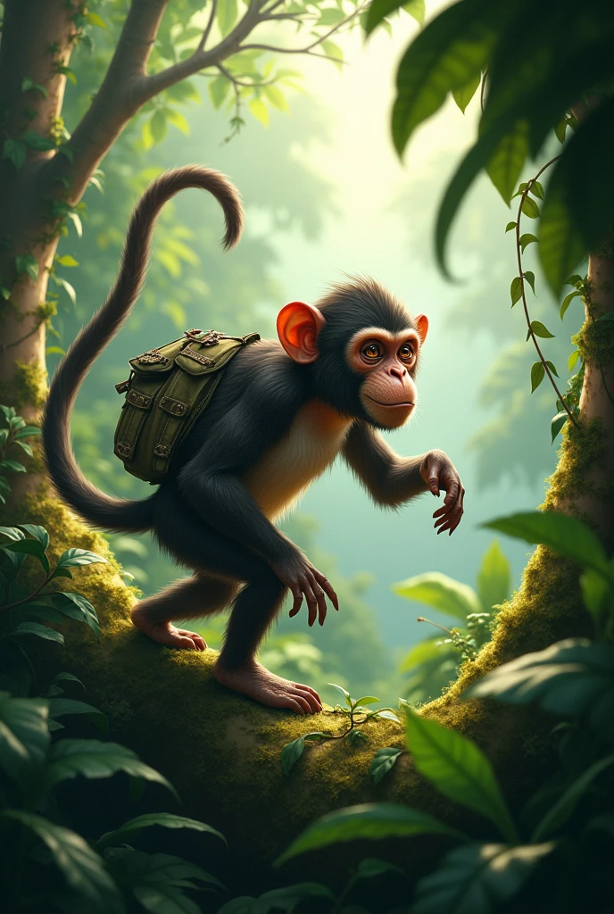 A monkey walking ina jungle
