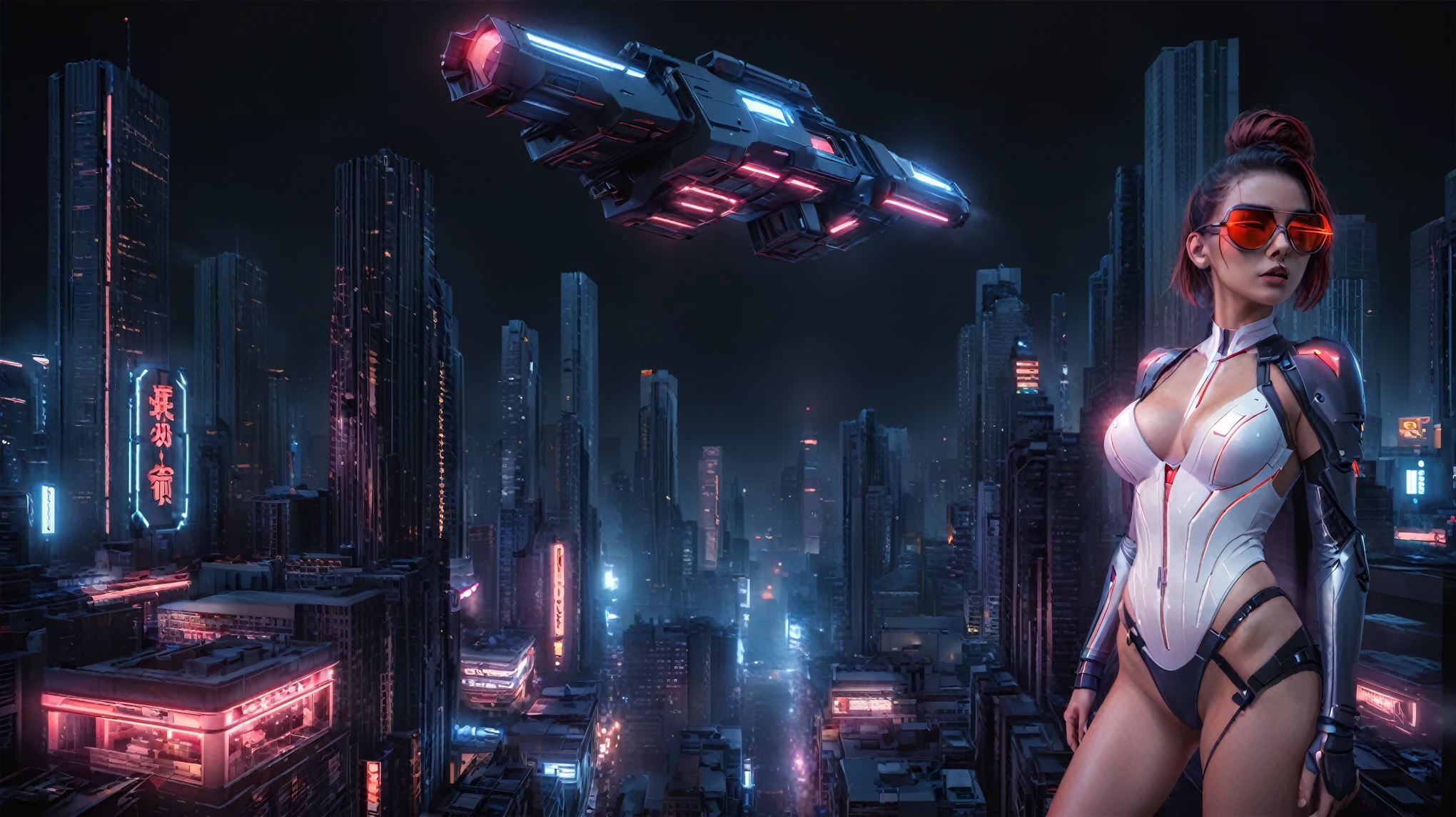 (High view). There's a cyborg woman (8k) wearing a futuristic leotard (best quality) standing in a cyberpunk city alley at night, darksynth aesthetic, red neons, haze, 1drone, foggy night, ultra detailed, photorealistic, (1girl, solo, alone), large-breast:1.2 slim body, cleavage:1.1, (black sunglasses), (holding a pistol), half-body thigh level medium shot, cinematic lighting, ray tracing.