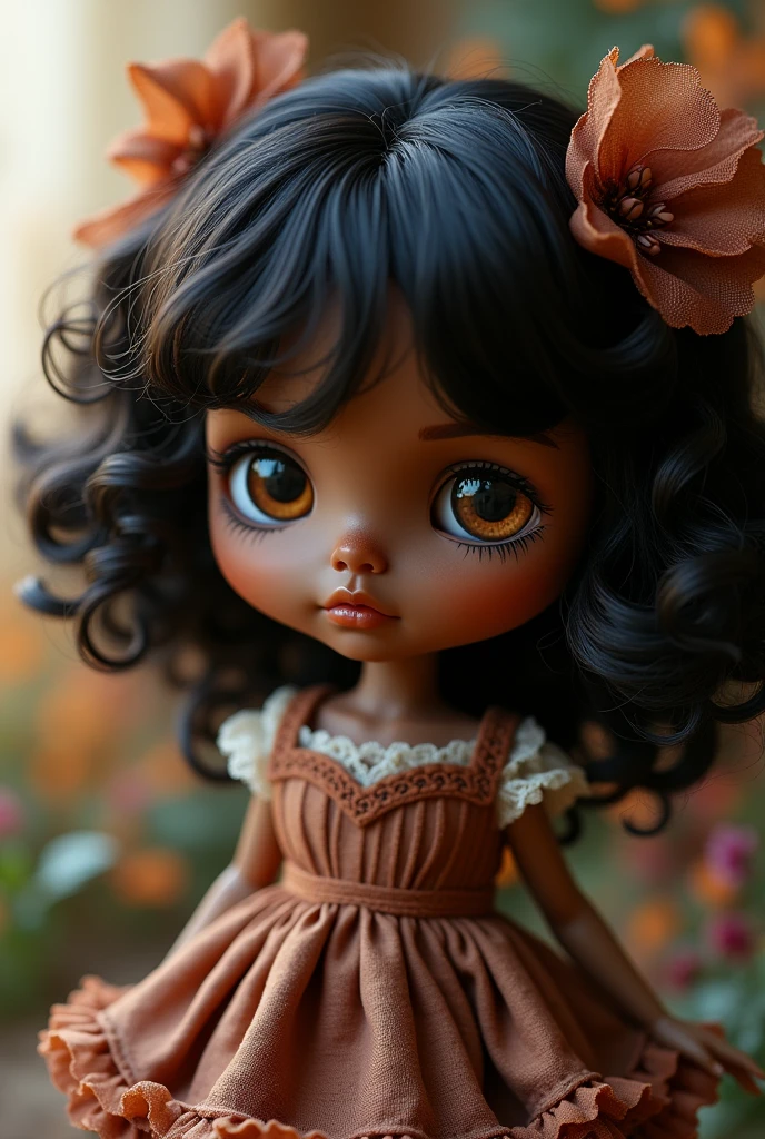 Faca uma blythe doll, black,with dark brown curly hair, with bangs and dark brown eyes