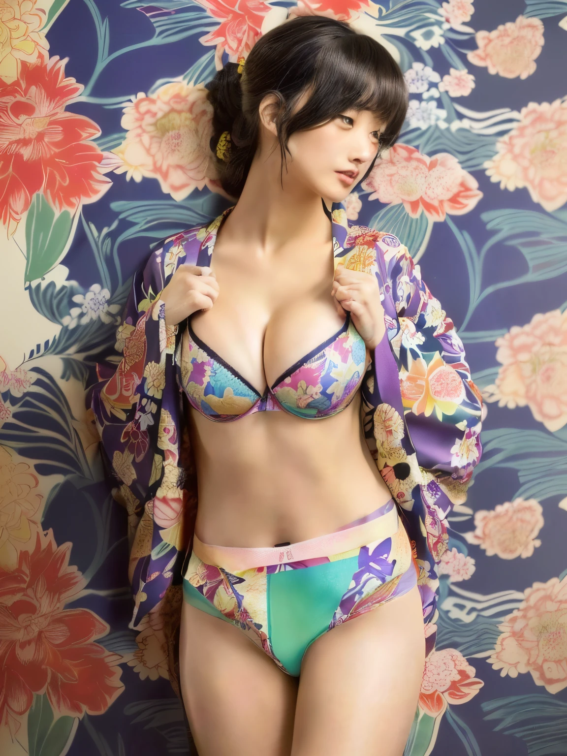 (kimono、yukata)、(((Colorful floral pattern(丈が短いkimono)))、(((kimonoめくり(kimonoの裾を上げる)))、(((Beautiful thighs(Sexy panties are in sight)))、Cleavage、Highest quality、masterpiece