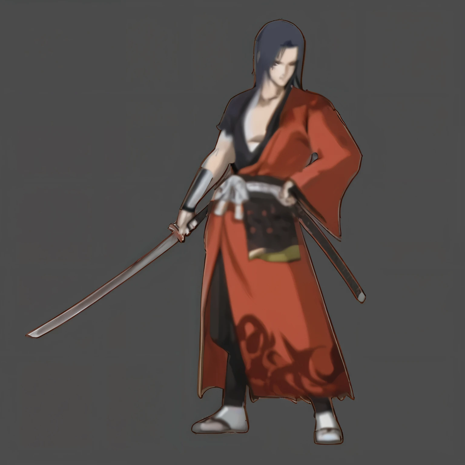 a close up of a person with a sword in a red robe, itatchi uchiha, yasuke 5 0 0 px models, itachi uchiha, dramatic wielding katana pose, fox nobushi holding a naginata, shikanosuke yagaki, itachi, akiyuki shinbou, sasuke uchiha