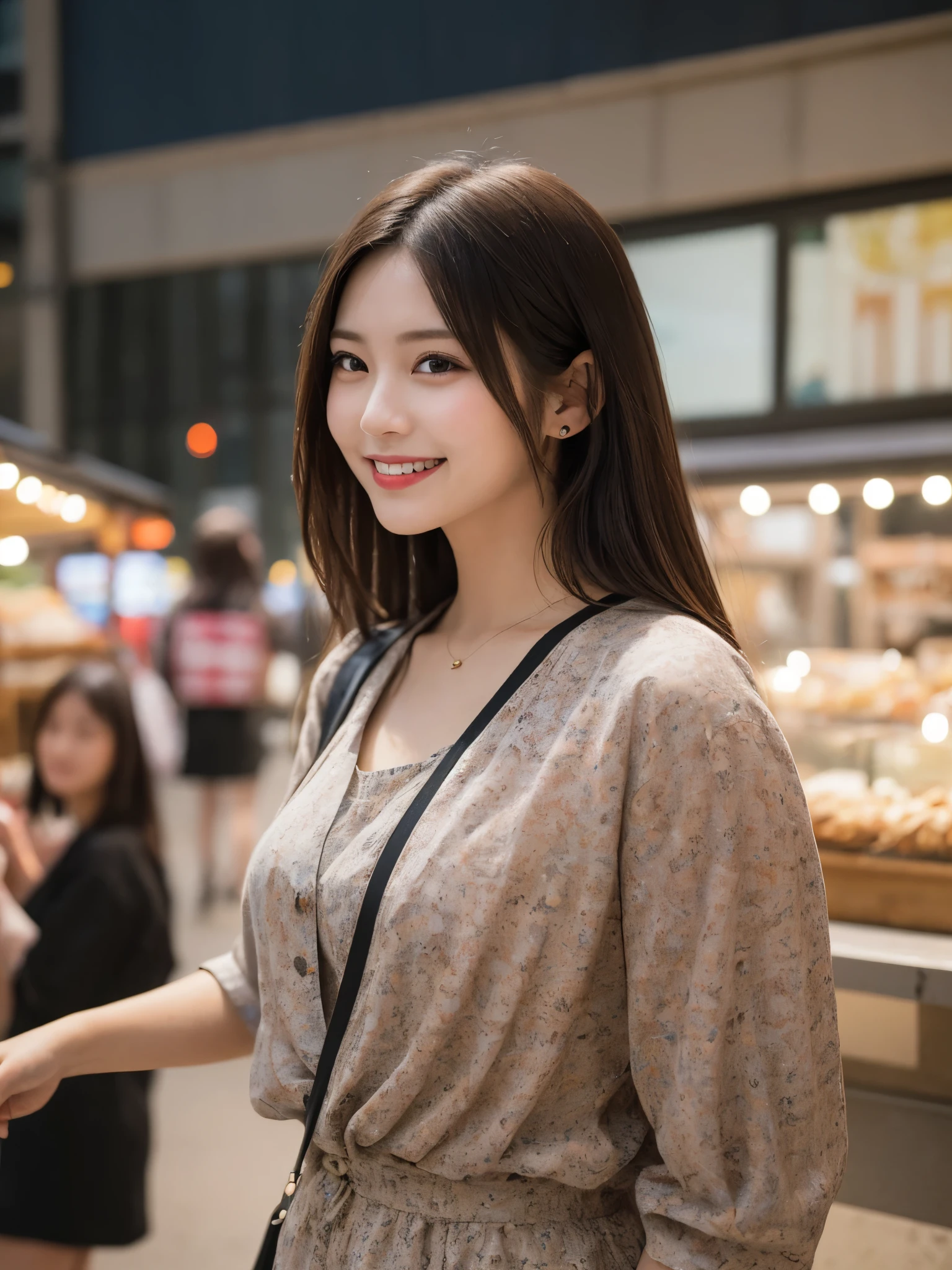  1girl, solo, , cute and beautiful, highres, best_quality, masterpiece, detailed_background, intricate_details, beautiful, osaka, kuromon_market, street_food, bustling, casual_clothes, trendy_clothes, smile, looking_at_viewer, dynamic_pose, natural_pose, candid, happy