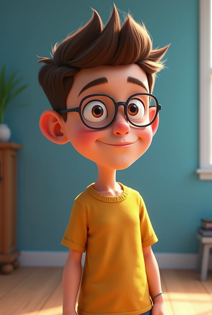 Create a non-realistic character man, cartoon animation design, youthful and intelligent from a Disney Pixar cartoon-style animated film, with high quality, best qualityer