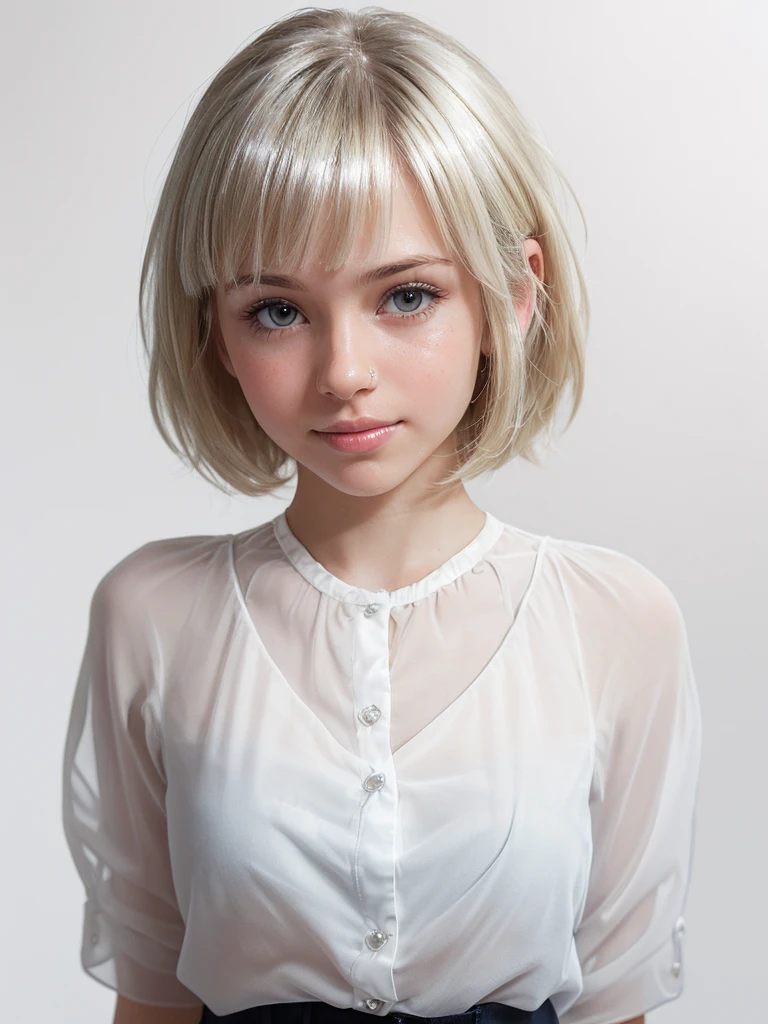 (shiny white skin:1.5),(cute girl with beautiful body:1.5),(cute face:1.5) ,(short blouse:1.3),
(clear background:1.5) ,(short white hair:1.4),(bangs:1.3)