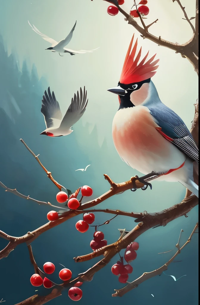 there is a bird that is sitting on a branch with berries, by Charles Bird King, beautiful nature, beautiful!!!!!!!!!, incredibly beautiful, beautiful and graceful, beautiful gorgeous, gorgeous beautiful, gorgeous and beautiful, inspired by Charles Bird King, ethereal bohemian waxwing bird, surrealistic bird, bird, beautiful detail, inspired by Paul Bird, a surrealistic bird, amazing beauty