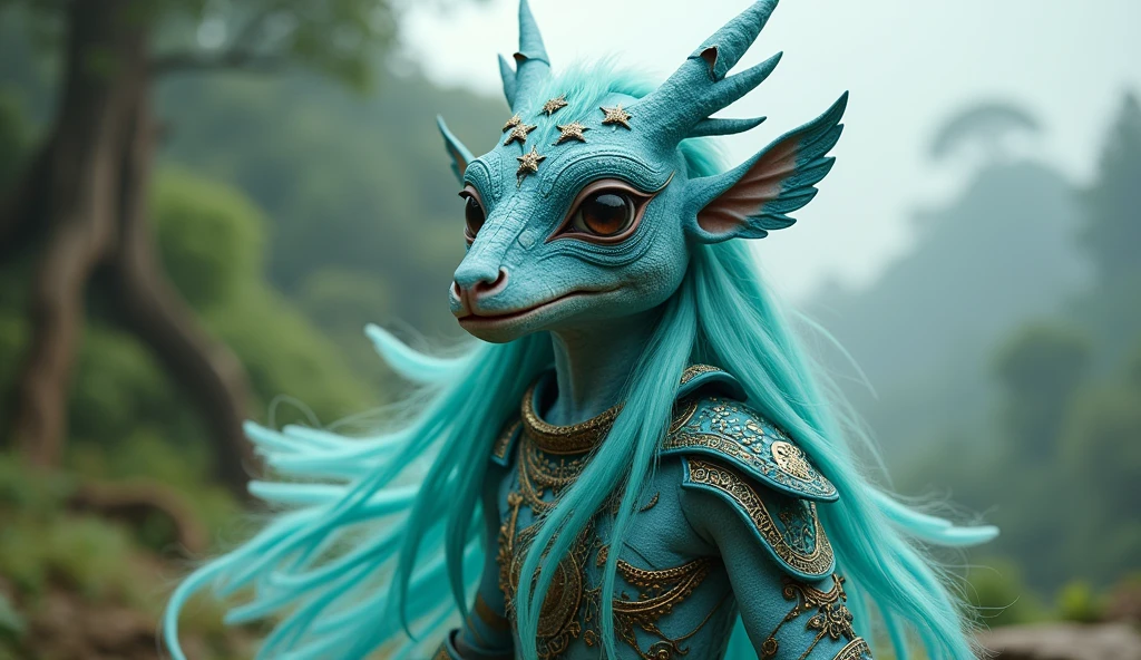 Honduras as a central american League of Legend creature in turquoise and white with five five-pointed stars in turquoise. Intricated clothing. Cinematic Fantasy sci-fi landscape background