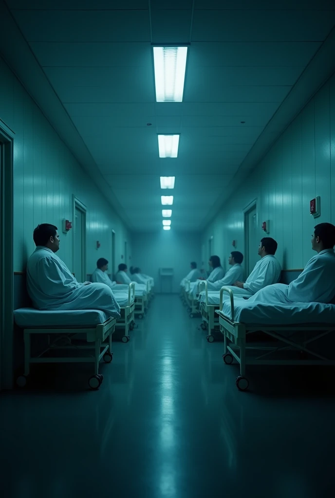 Create a cinematic image of a dimly lit hospital hallway viewed from a straight-on, centered camera angle. The hallway is lined with hospital beds, each occupied by patients sitting up on the beds, covered in white sheets. The scene should evoke a somber and tense atmosphere. The ceiling lights cast a cold, bluish light, emphasizing the starkness of the setting. The perspective should draw the viewer's eye towards the far end of the hallway, creating a sense of depth and an unsettling mood.