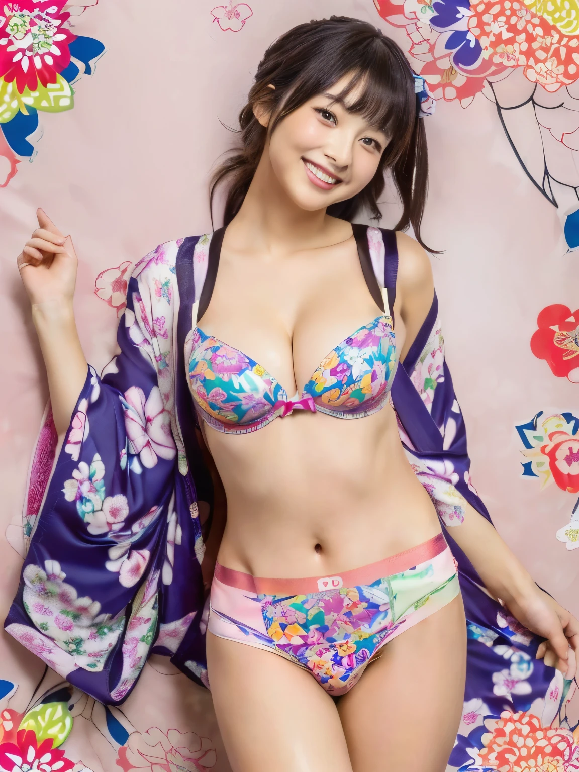 A cute face like a top Japanese idol、very friendly、Smiling Kindly、(kimono、yukata)、(((Colorful floral pattern(丈が短いkimono)))、(((kimonoめくり(kimonoの裾を上げる)))、(((Beautiful thighs(Sexy panties are in sight)))、Cleavage、Highest quality、masterpiece