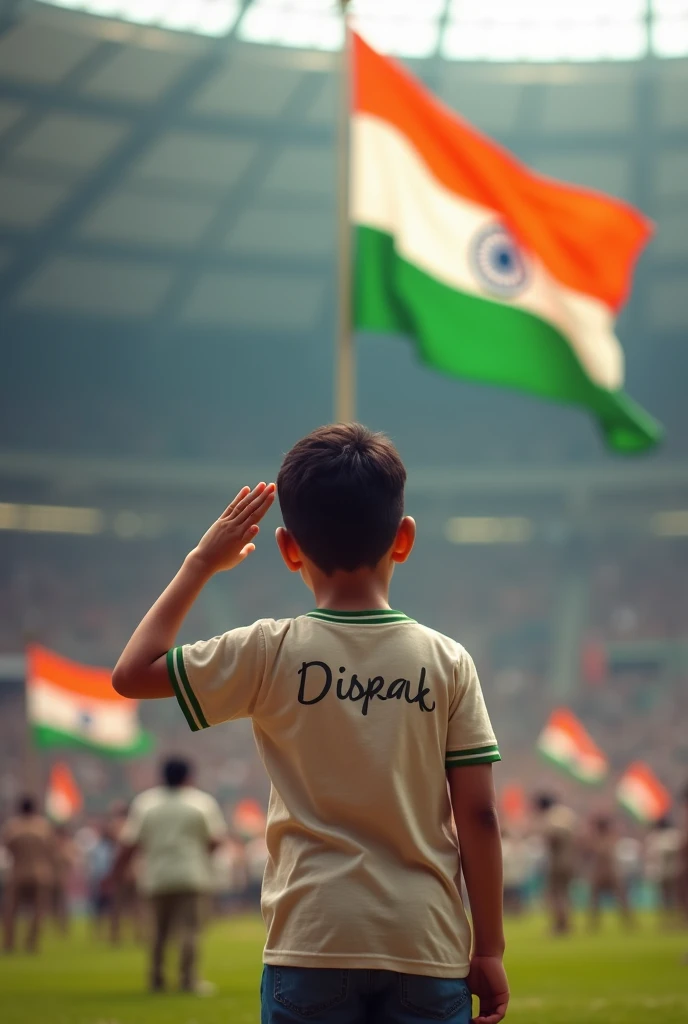 Name Dipak writen on t-shirt, a boy salute on Indian flag in stadium at 15 August